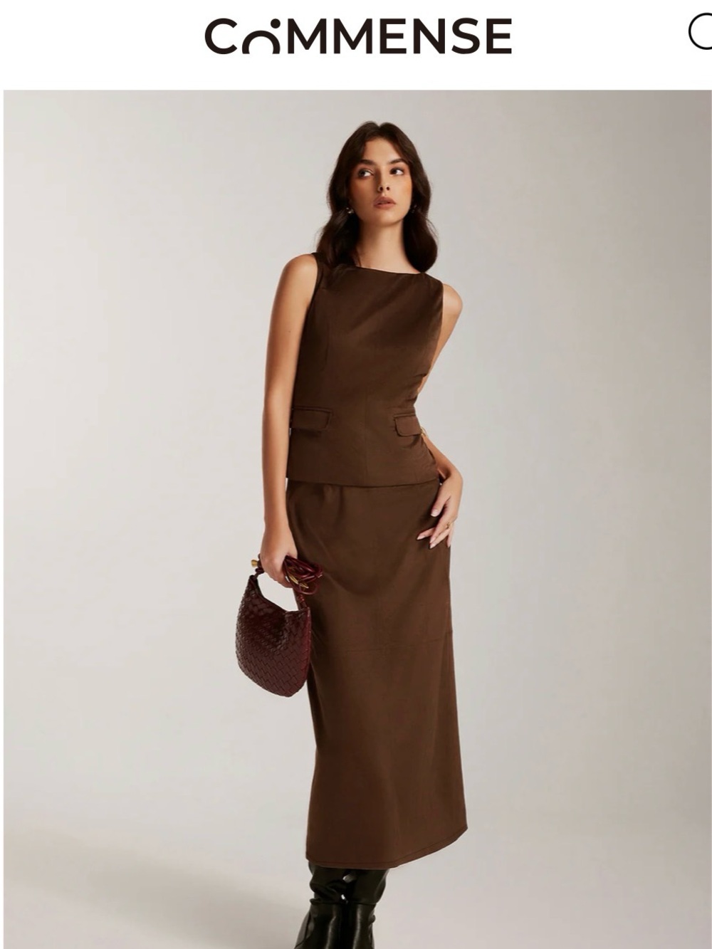 Commense Chocolate Brown Sleeveless Straight Midi Skirt and Top
